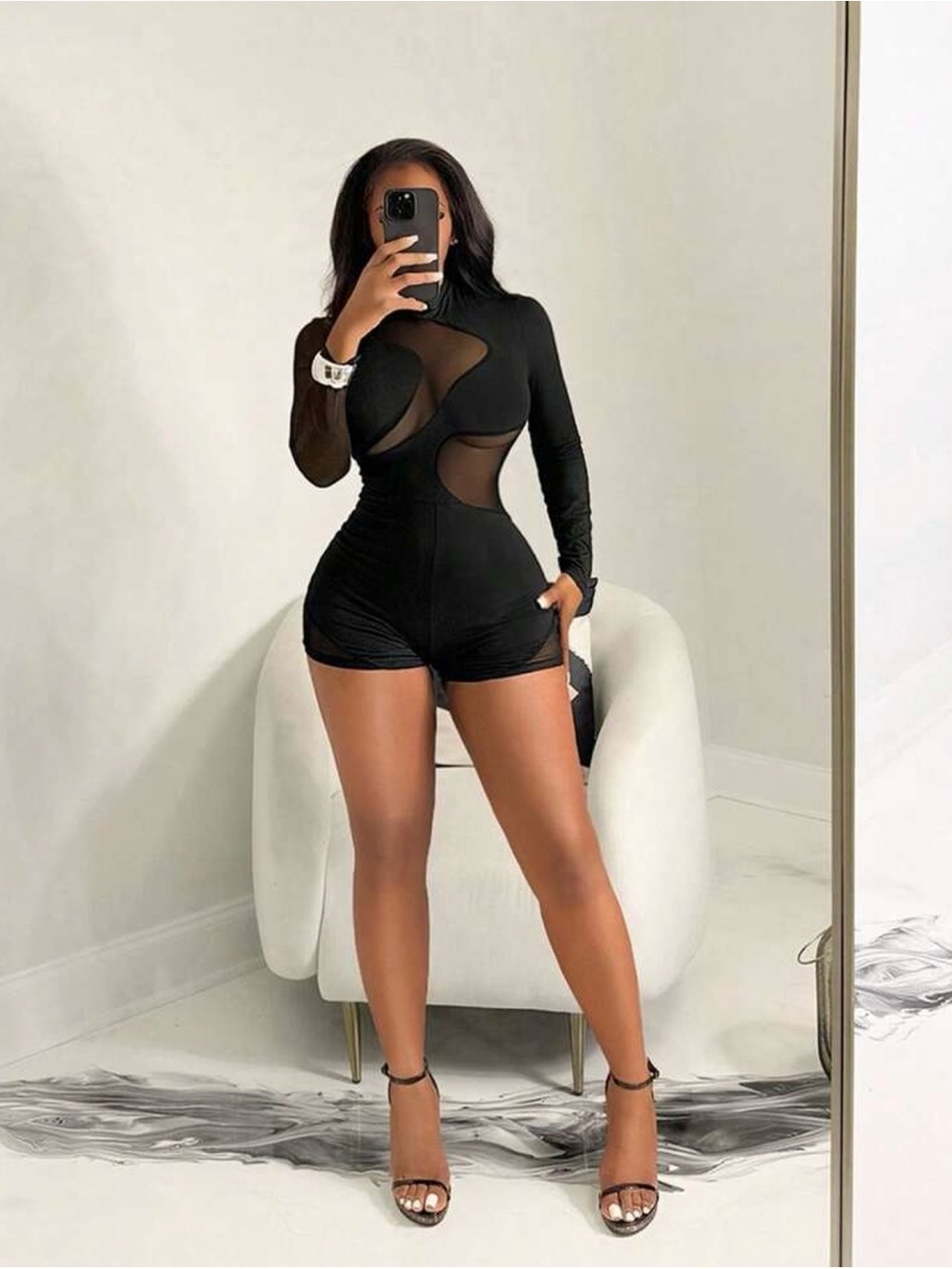 Black Sheer-Panel Long-Sleeve Romper